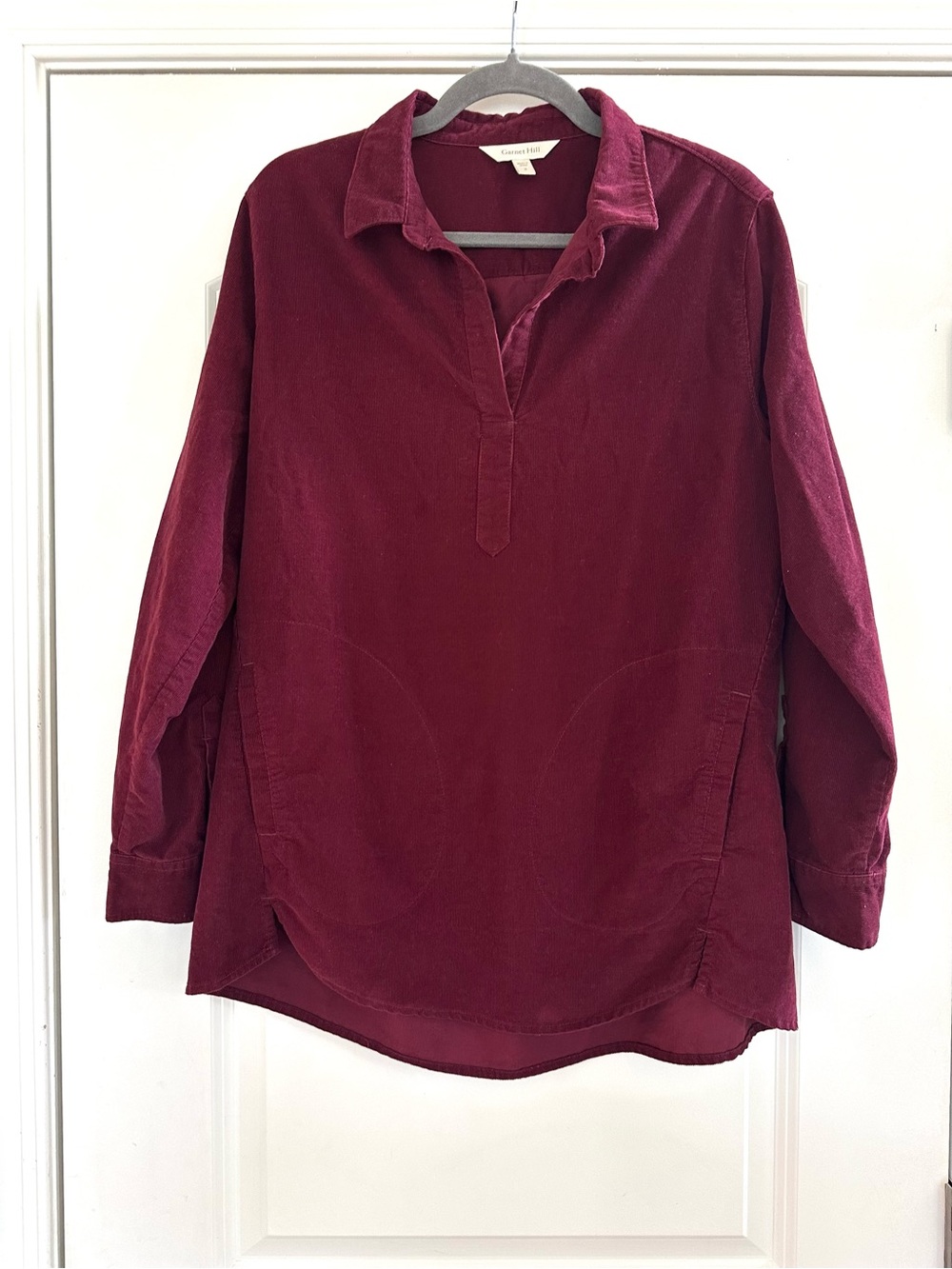 Garnet Hill Corduroy Tunic Pop Over Collar Shirt Burgundy Feather Wale Small